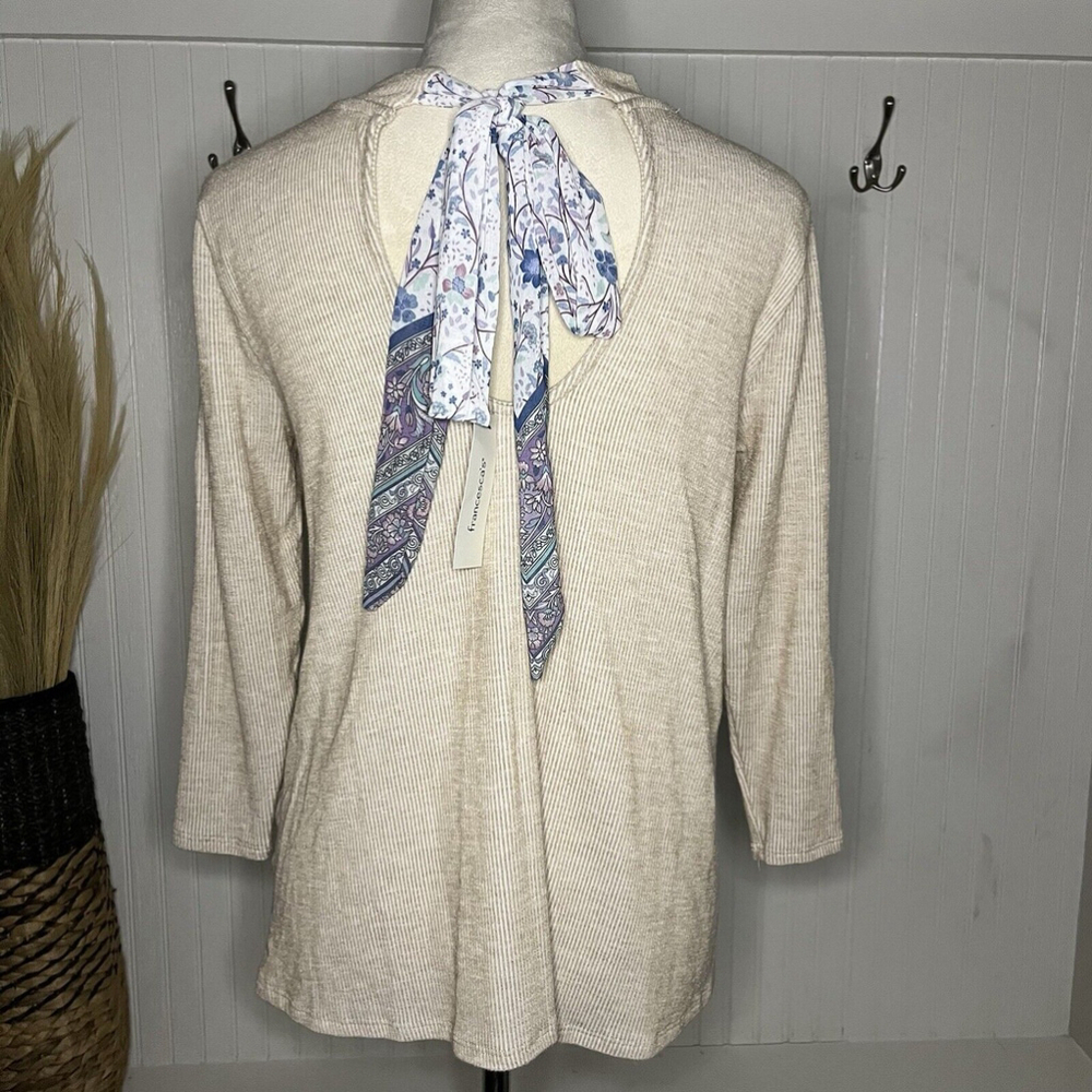 Francesca’s Blue Rain Knit Too Cream Color Tie Back Sheer Neck NWT SZ Small